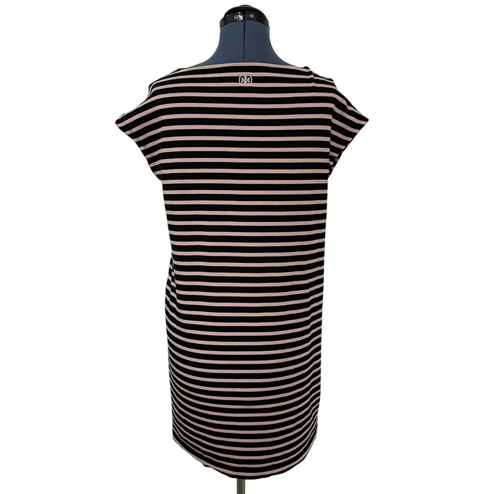 Tory Burch Black Tan Striped Cotton Mini T Shirt Dress Preppy Travel Career M